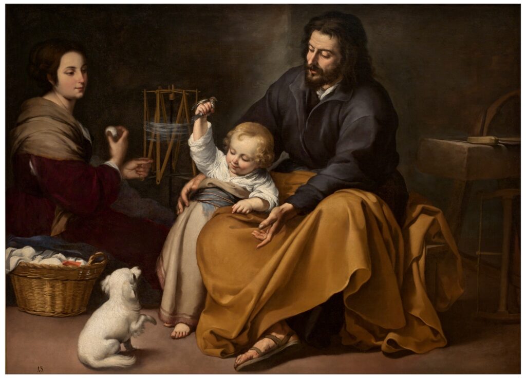 The Holy Family with a Little Bird(1650) by Murillo shows an "everyday" scene of the Holy Family, where Mary is spinning some thread and baby Jesus holds a bird above a puppy with Joseph watching over him.